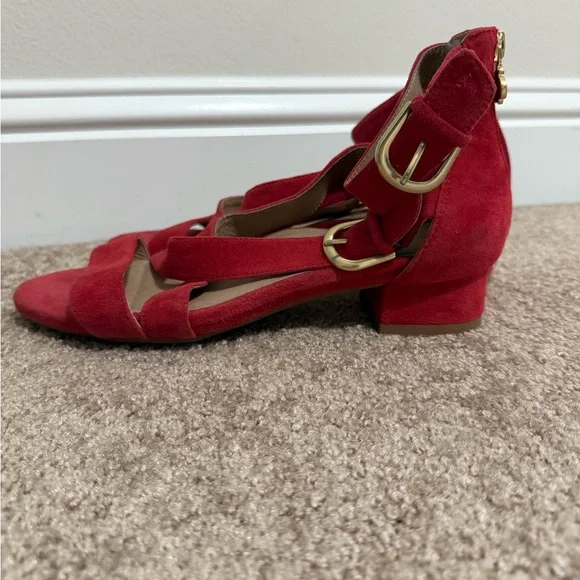 Bettye Muller Red Suede Sandals | Block Heel w/ Double Buckle & Zip | 1.5” Heel - Picture 7 of 9